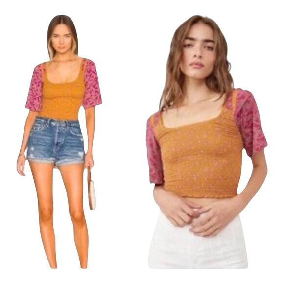 Free People NWT Chic Mix Print Effortless Style Comfort Smocked Golden Combo SM - Picture 14 of 16